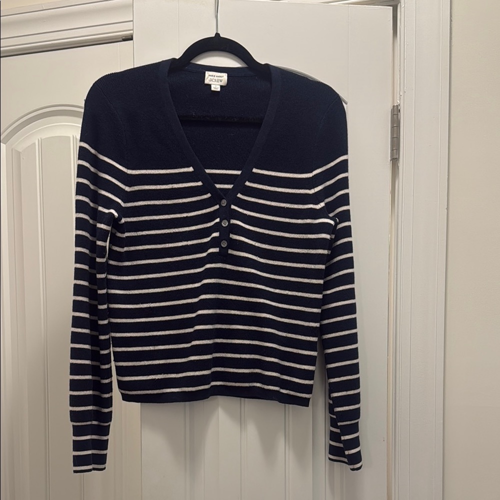 J. Crew Blue and White V-Neck Striped Sweater